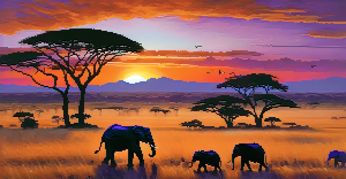A beautiful African safari landscape at sunset with acacia trees and elephants grazing.