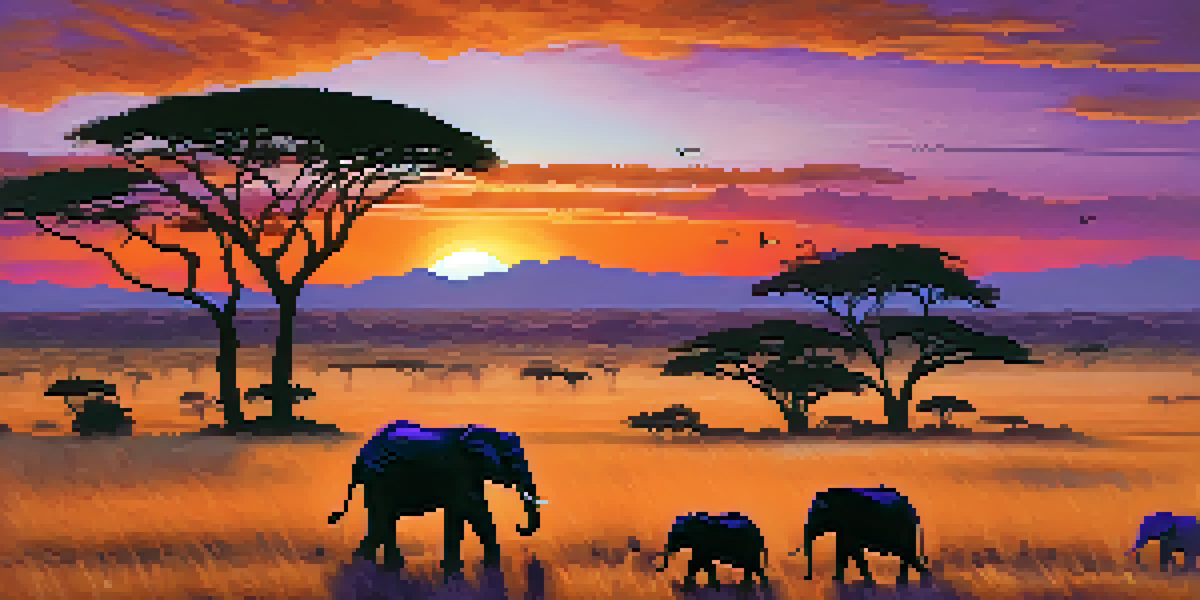 A beautiful African safari landscape at sunset with acacia trees and elephants grazing.