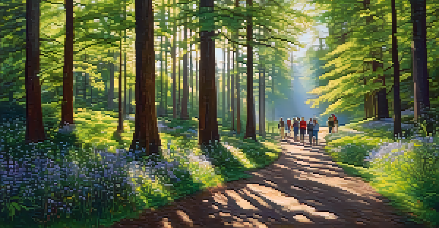 A diverse group of people enjoying a nature walk along a forest trail filled with flowers.