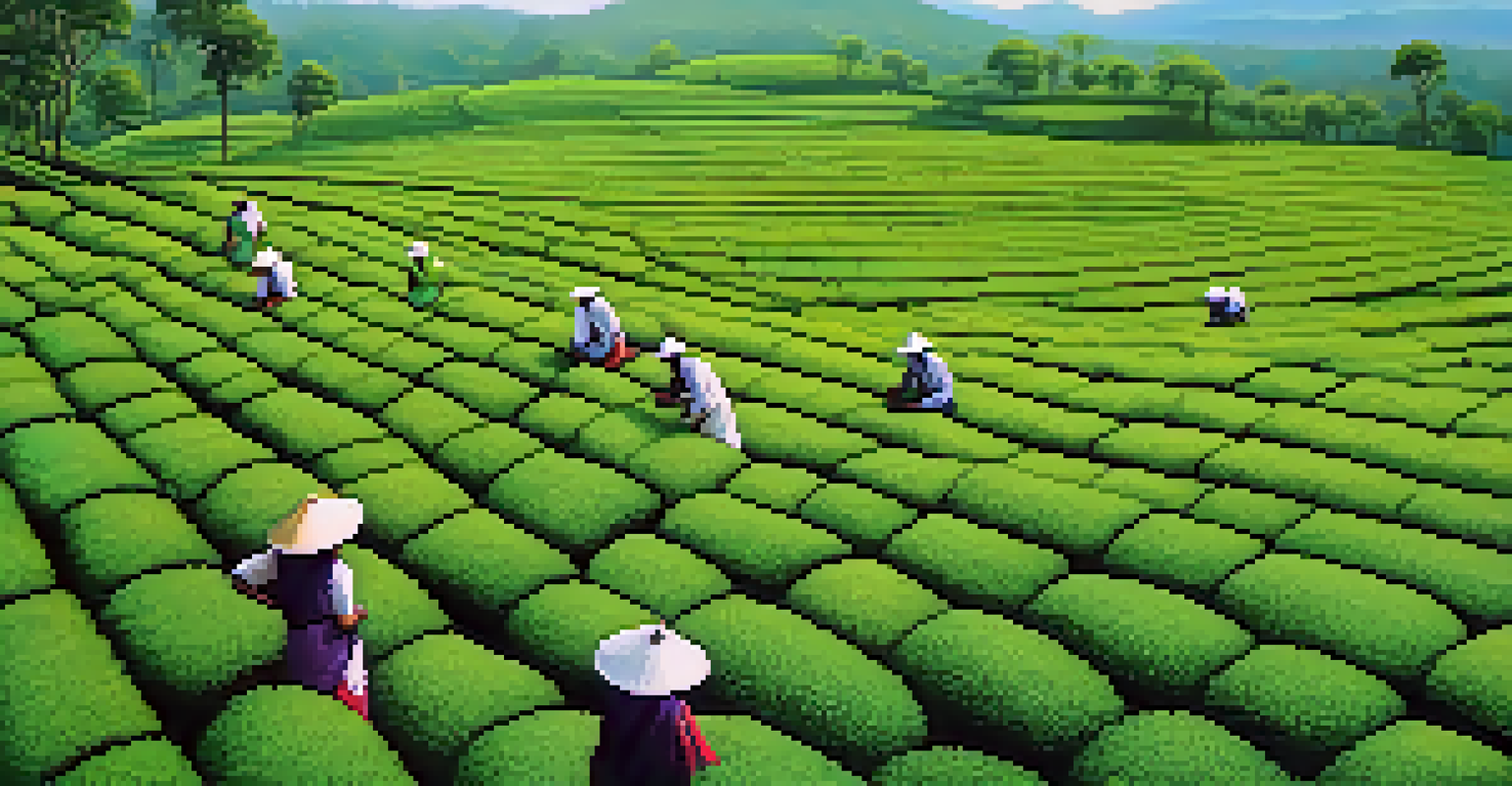 An aerial view of vast tea plantations in Assam, featuring dark green tea bushes, a clear blue sky, and workers picking tea leaves.