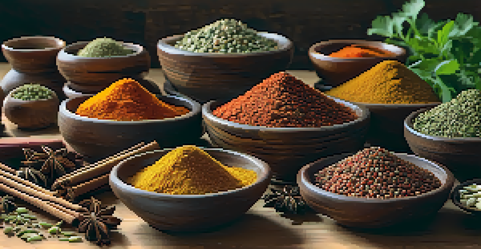 A close-up view of a wooden table with various Indian spices in bowls, fresh herbs, and a mortar and pestle, illuminated by soft natural light.
