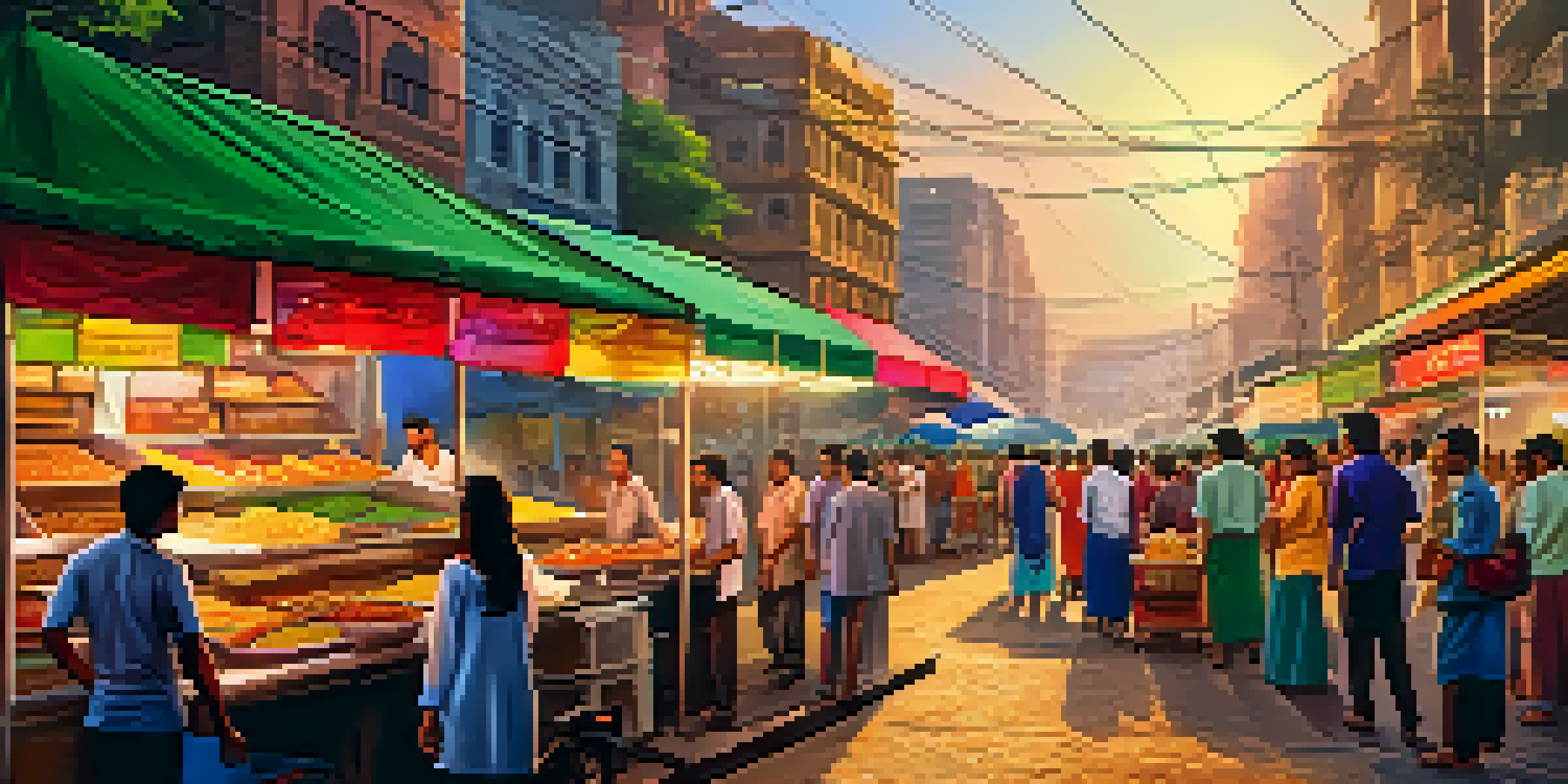 A lively street food market in Mumbai with colorful stalls and crowds enjoying local cuisine under warm evening lights.
