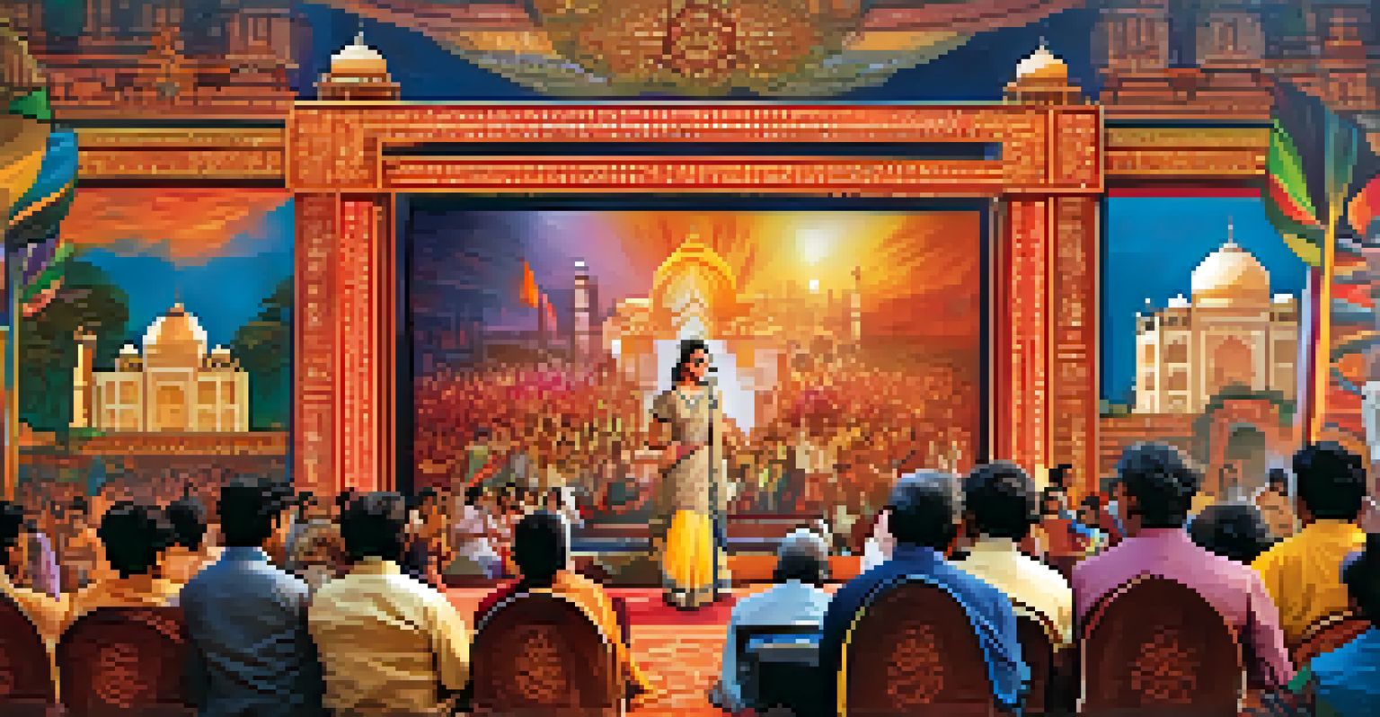 A vivid collage of iconic moments from Indian films displayed on a large screen at an international film festival, with an engaged audience.