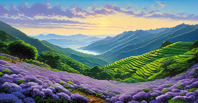 A landscape filled with blooming purple Neelakurinji flowers set against green hills and a bright blue sky.