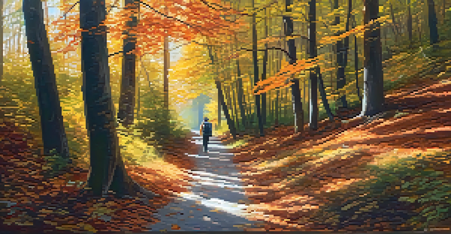 A hiker walking on a forest trail covered in autumn leaves, with sunlight filtering through the trees.