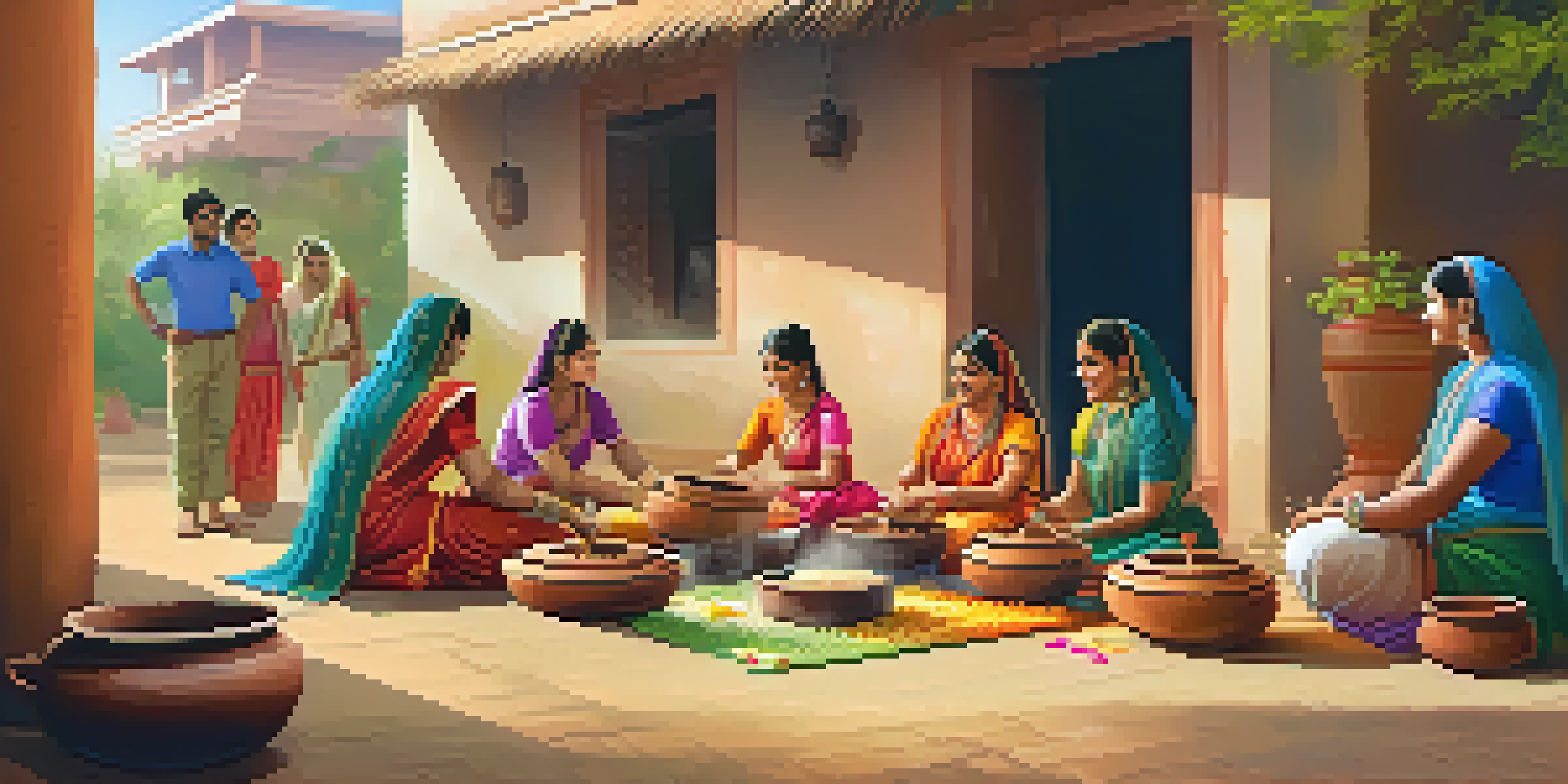 A lively Pongal celebration with families cooking in clay pots, colorful decorations, and traditional attire under bright sunlight.