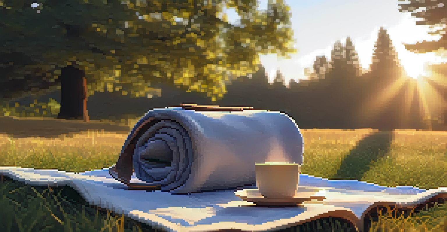 A cozy picnic blanket with a journal and cushion on the grass during golden hour, with a yoga mat nearby in a peaceful festival setting.