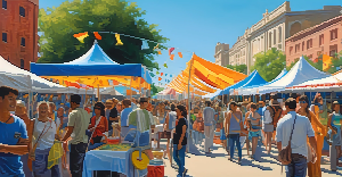 An outdoor art festival with colorful tents, diverse attendees engaging with art, and food stalls under a blue sky.