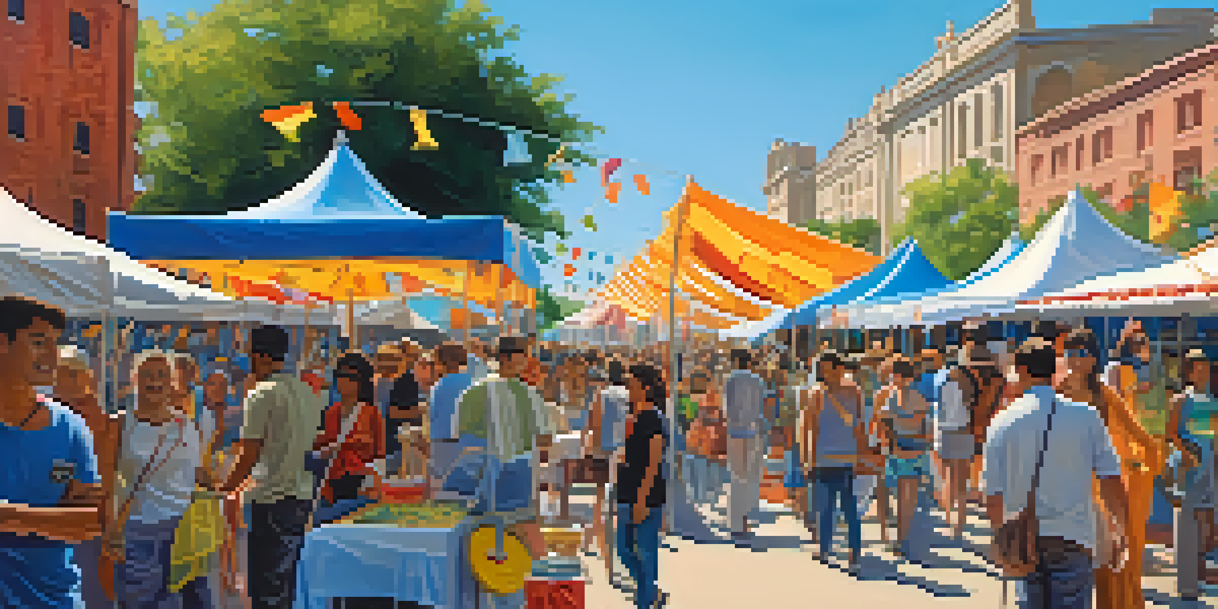 An outdoor art festival with colorful tents, diverse attendees engaging with art, and food stalls under a blue sky.