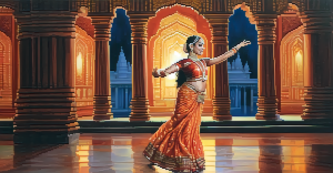A Bharatanatyam dancer showcasing her graceful movements in a temple setting, with vibrant decorations and soft lighting.