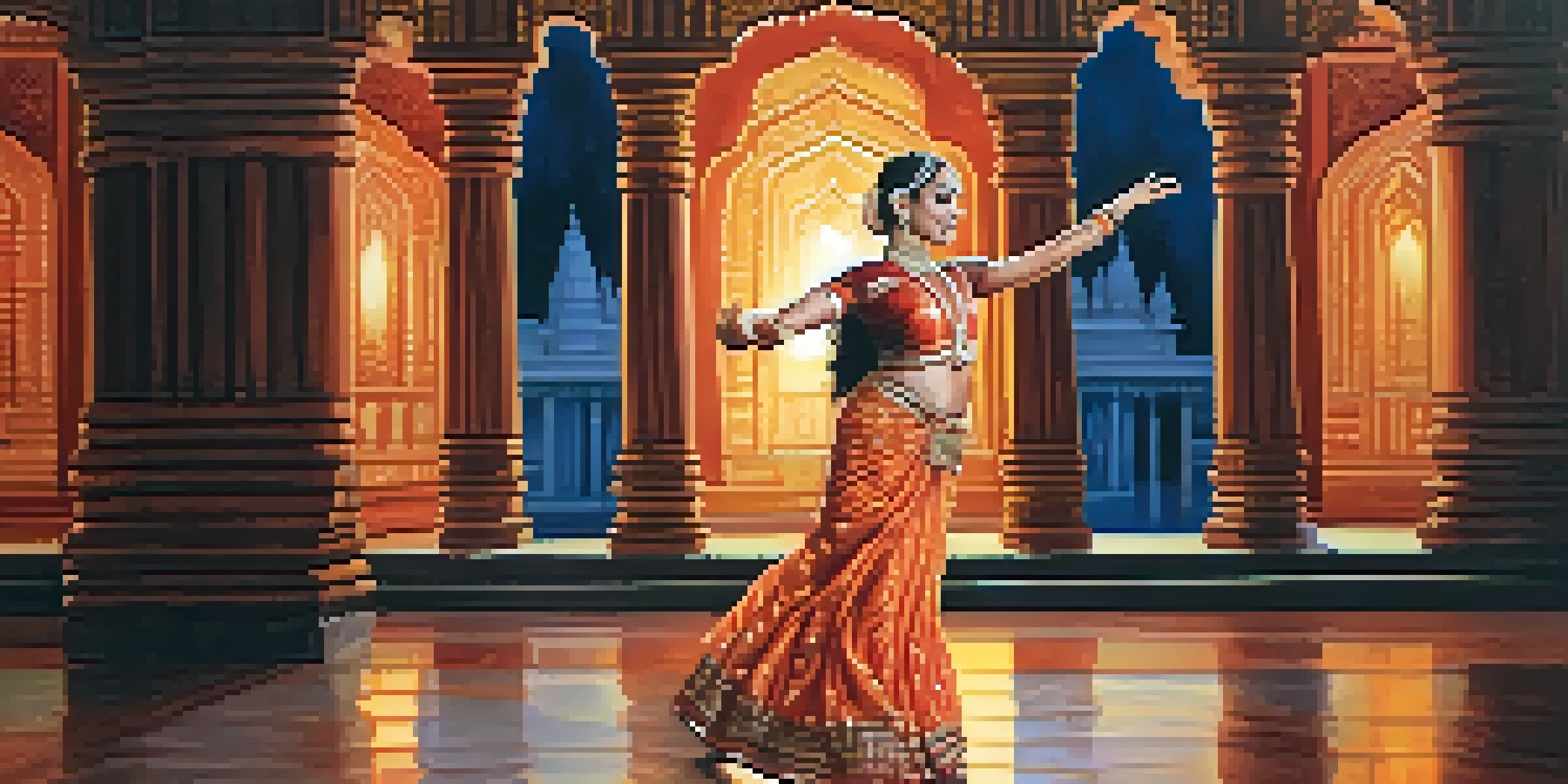A Bharatanatyam dancer showcasing her graceful movements in a temple setting, with vibrant decorations and soft lighting.