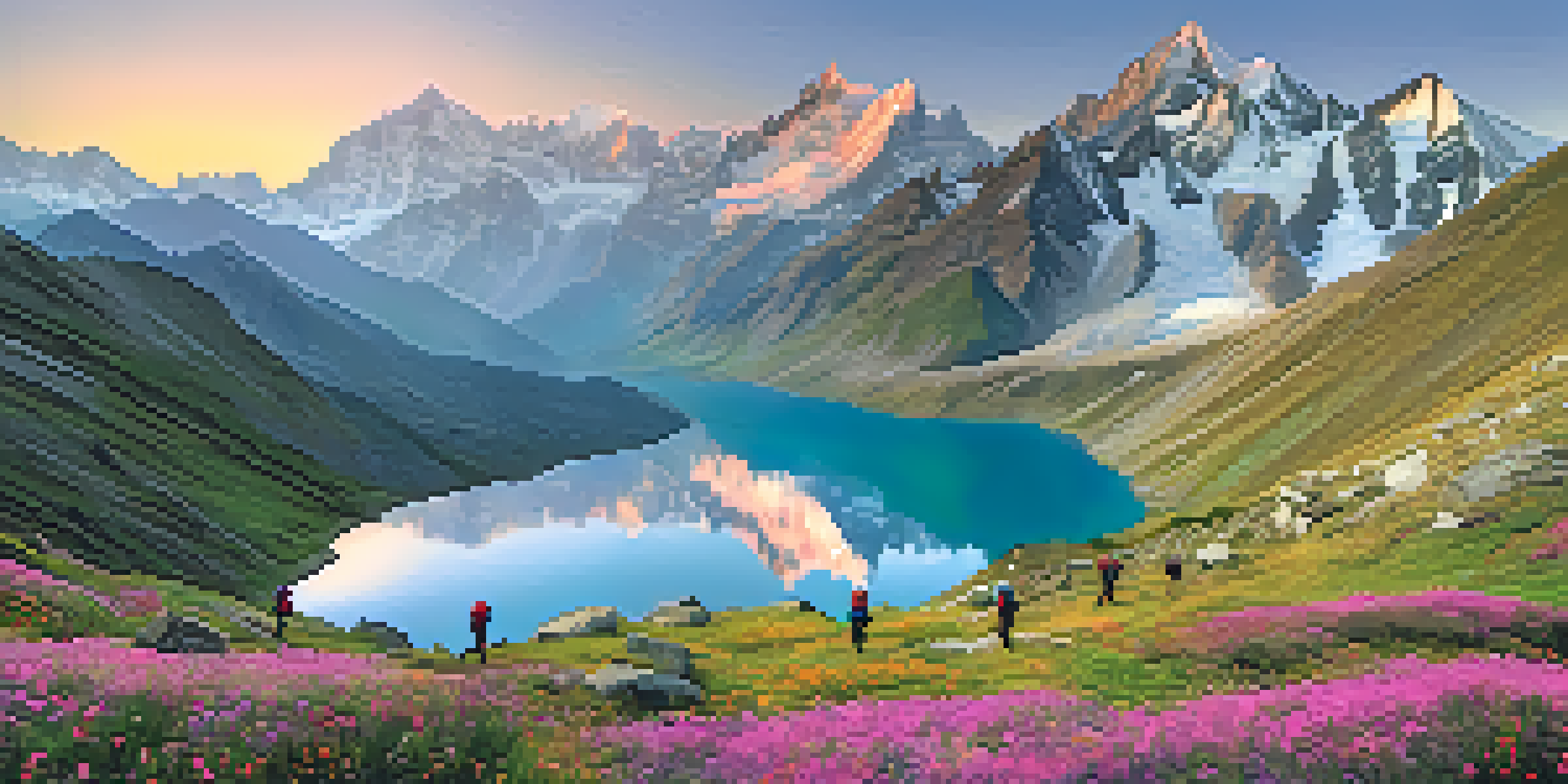 A group of trekkers hiking in the Himalayas at sunrise, with snow-capped peaks and colorful backpacks, under a sky of warm colors.