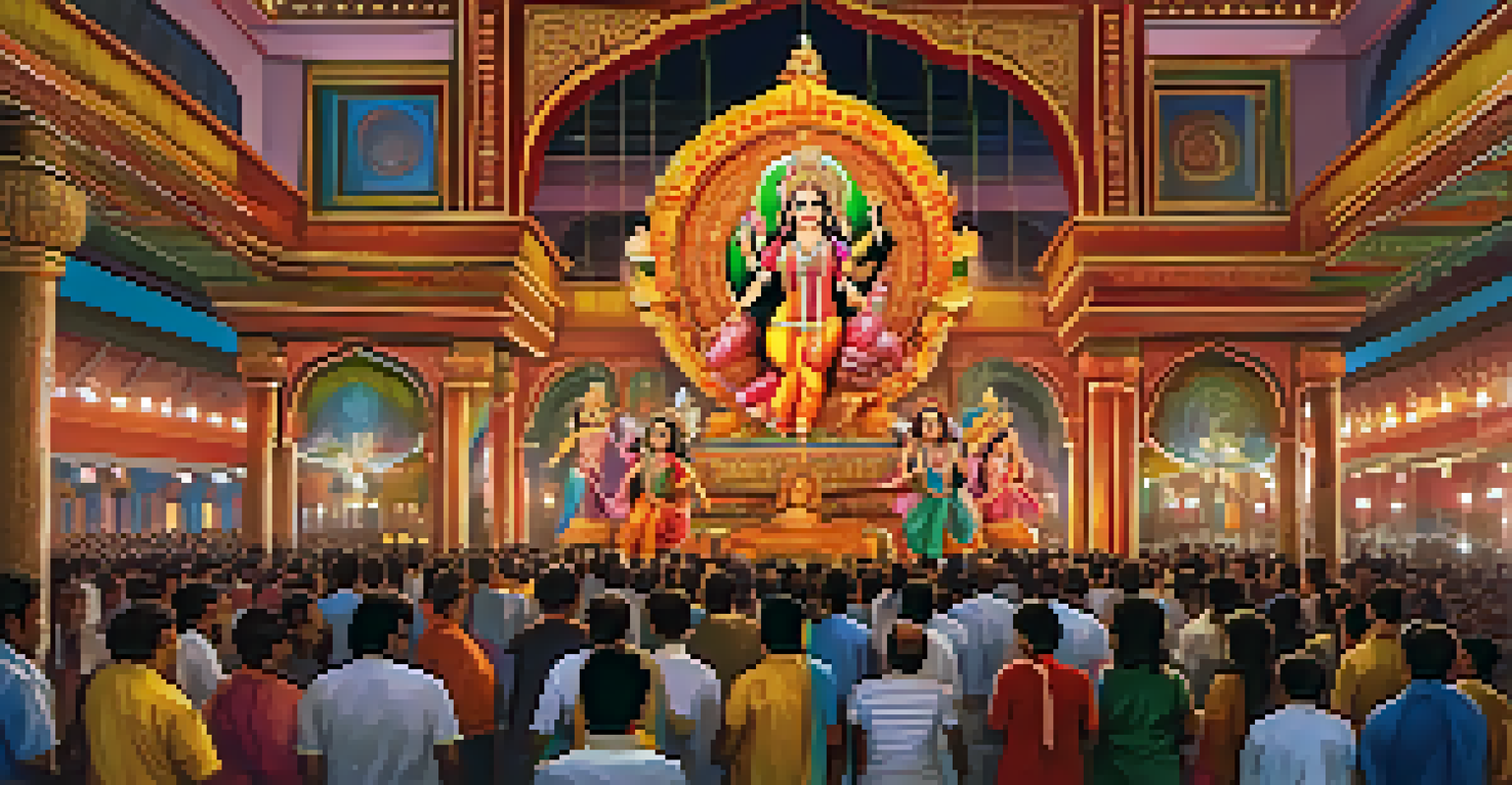 A crowd admiring the intricately designed Durga idol during Durga Puja festivities.