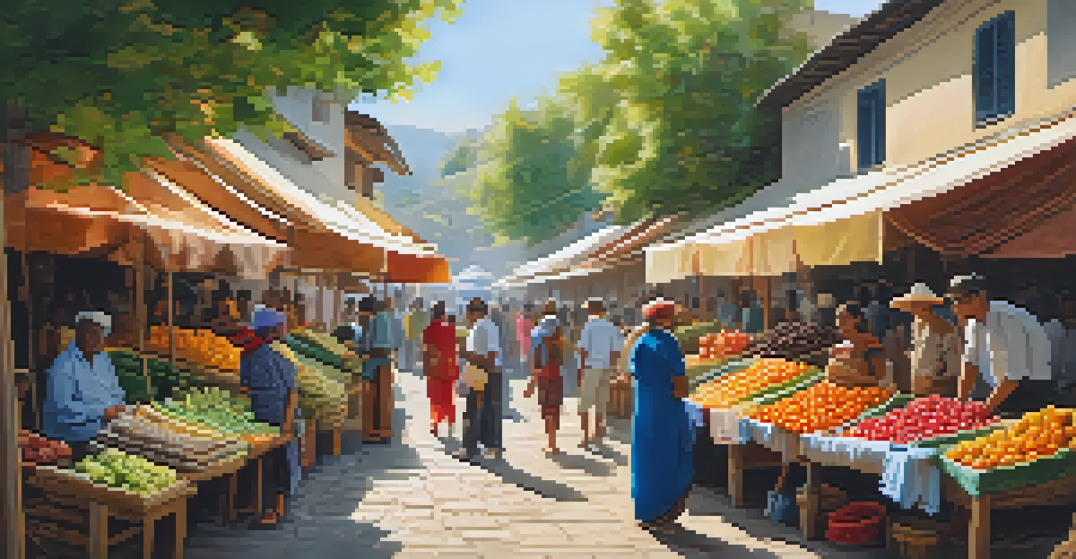 A vibrant local market filled with colorful fruits and crafts, where travelers are interacting with friendly vendors.