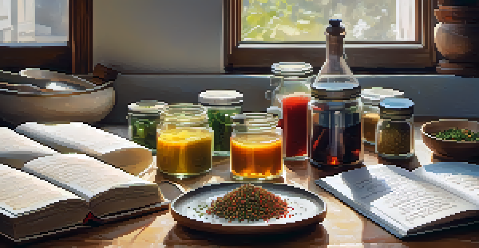 A family recipe book open on a countertop, surrounded by fresh ingredients and spices, with a young adult preparing to cook.