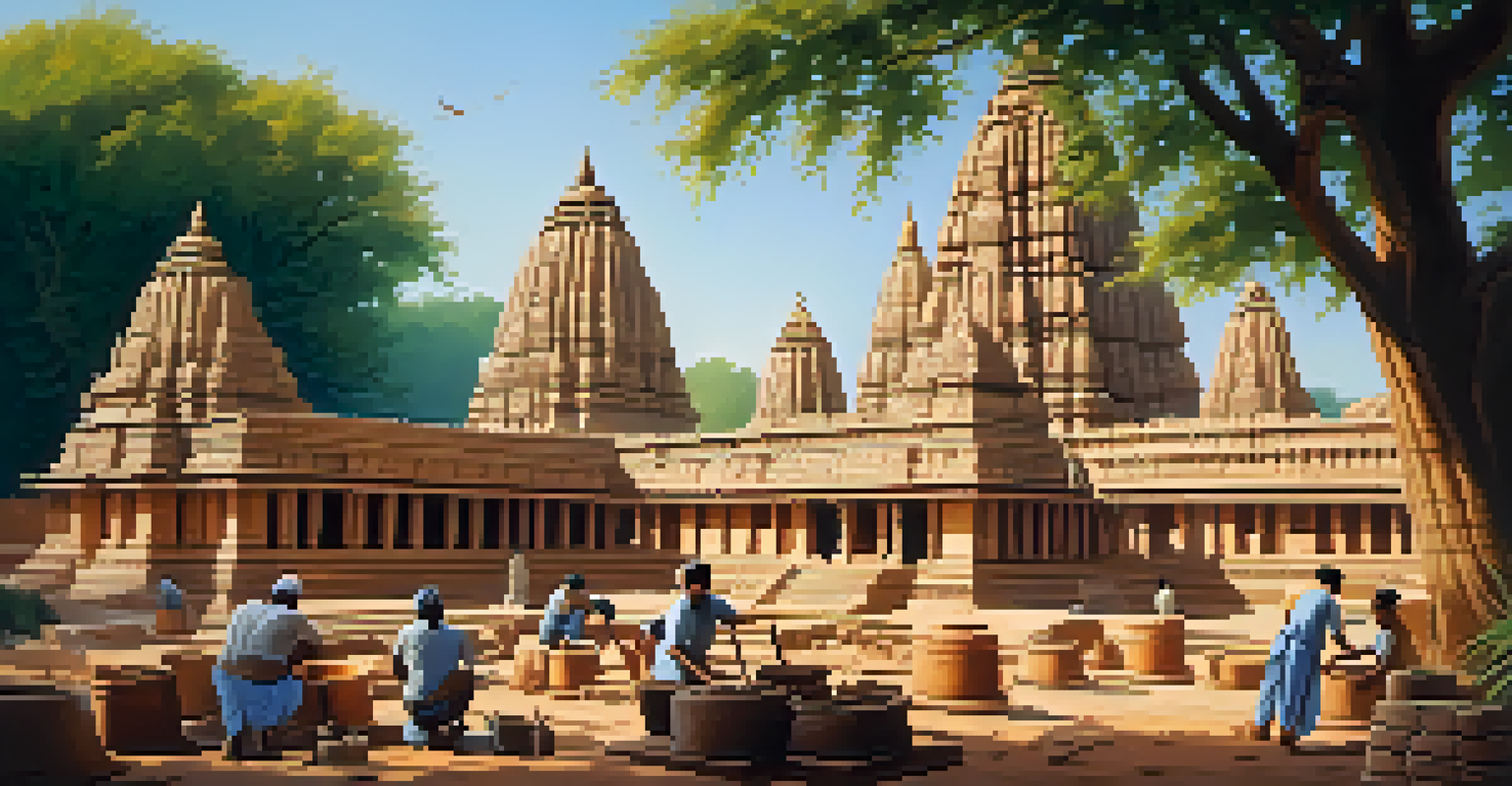 Local artisans restoring the Khajuraho temples, surrounded by tools, showcasing traditional techniques and intricate sculptures in the background.