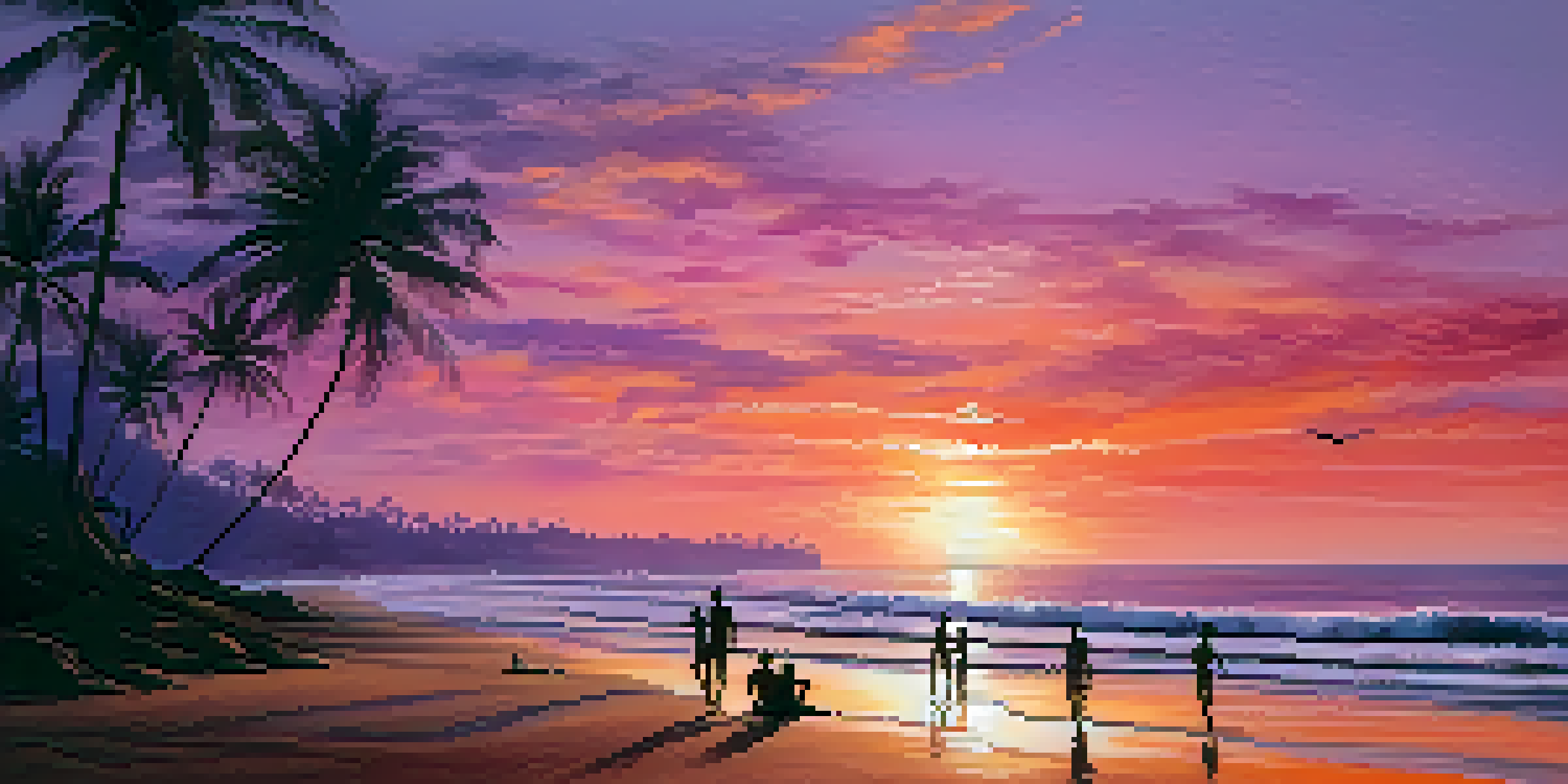 A vibrant sunset over Varkala Beach with silhouettes of palm trees and beachgoers enjoying the view.