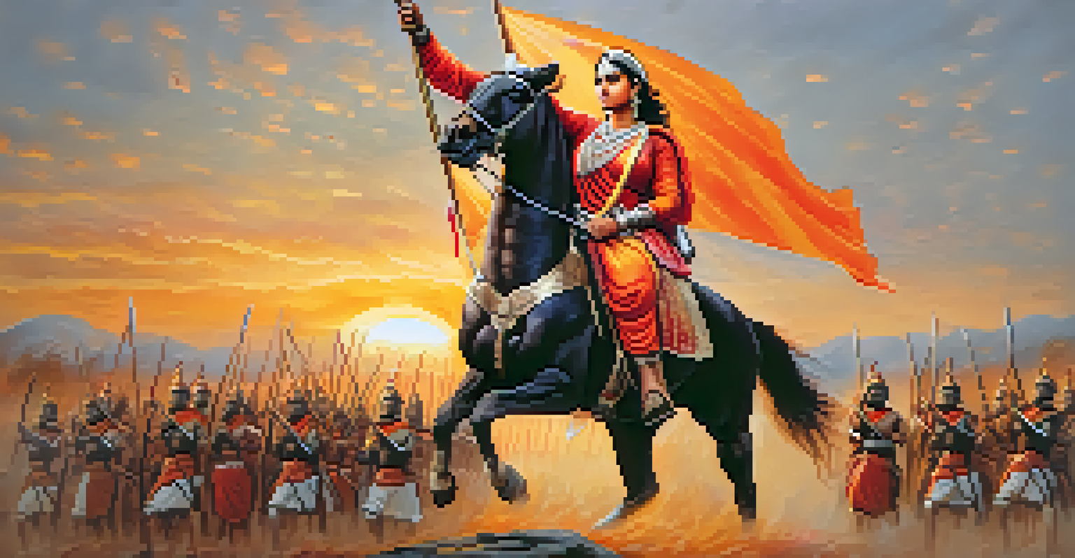 Rani Lakshmibai leading her troops with determination in a battlefield during a reenactment, under a sunset sky.