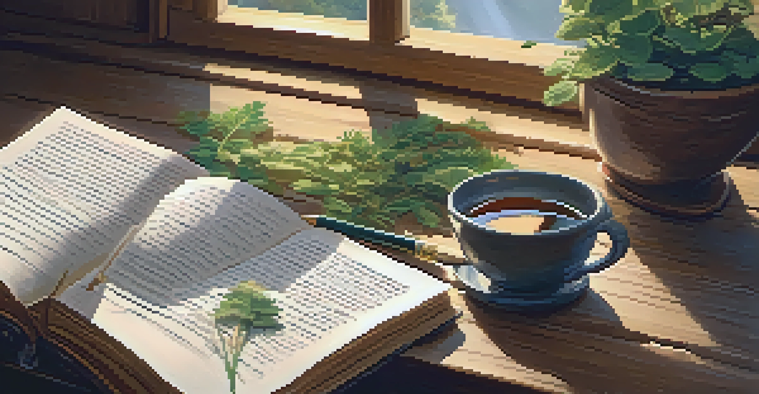 A close-up of a person journaling with a cup of tea and natural elements on a wooden table.