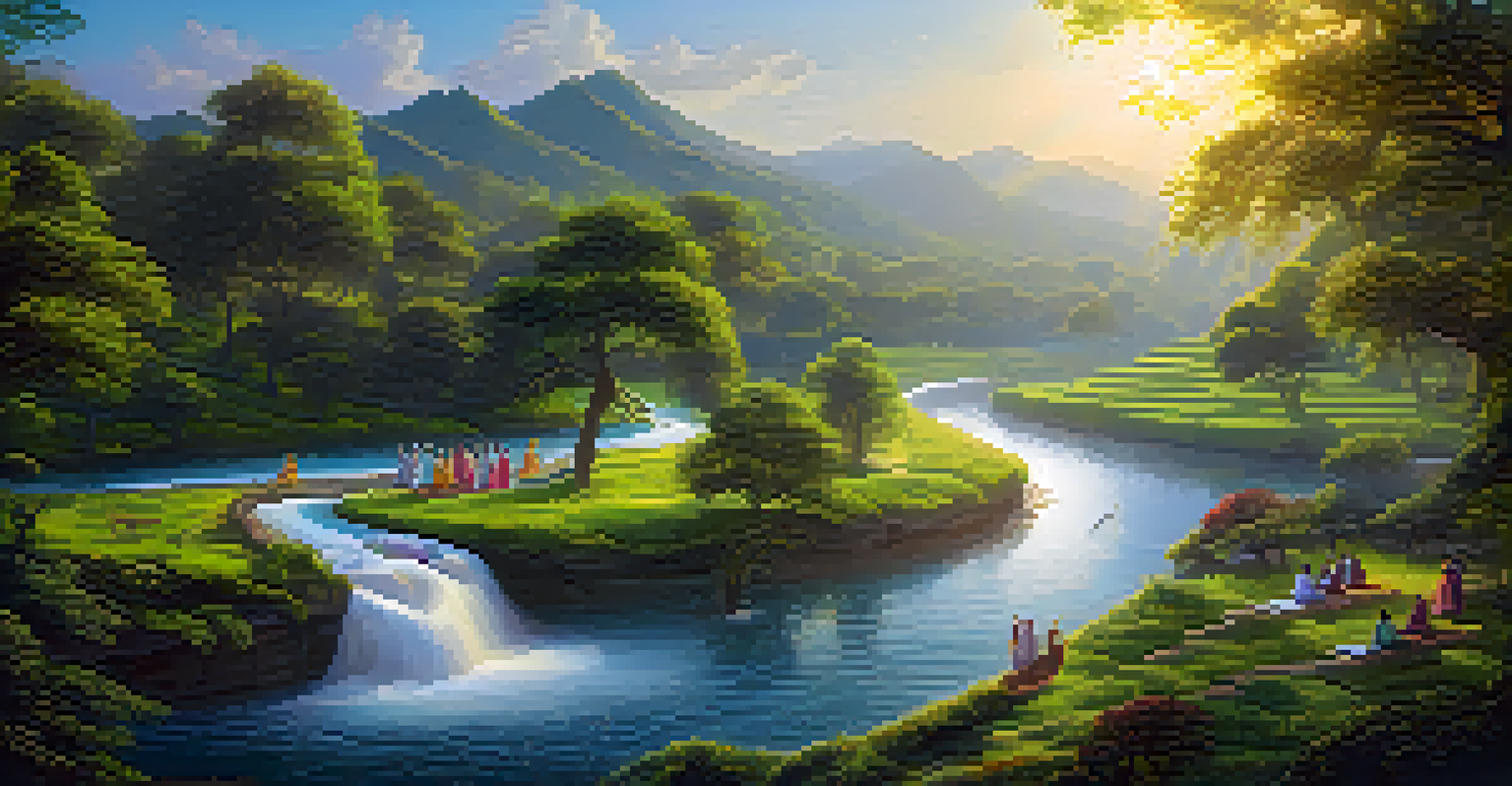 A mystical portrayal of the Saraswati River surrounded by symbols of knowledge and illuminated by golden rays, representing wisdom and learning.
