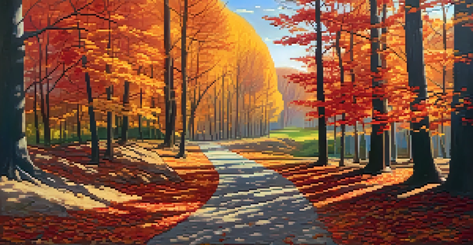 A scenic view of colorful autumn trees along a winding path, with sunlight filtering through the leaves.
