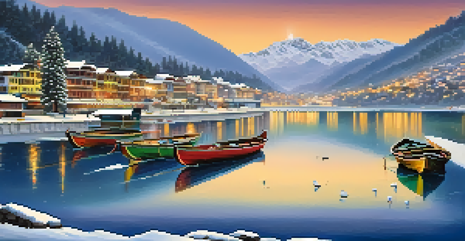 Nainital lake in winter with snow-covered mountains and frozen patches on the lake.