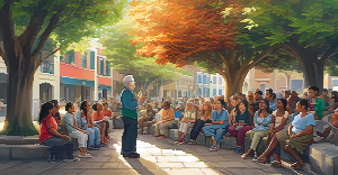A diverse group of people gathered around an elderly storyteller in a historic neighborhood, listening intently under a large tree, with colorful buildings and street art in the background.