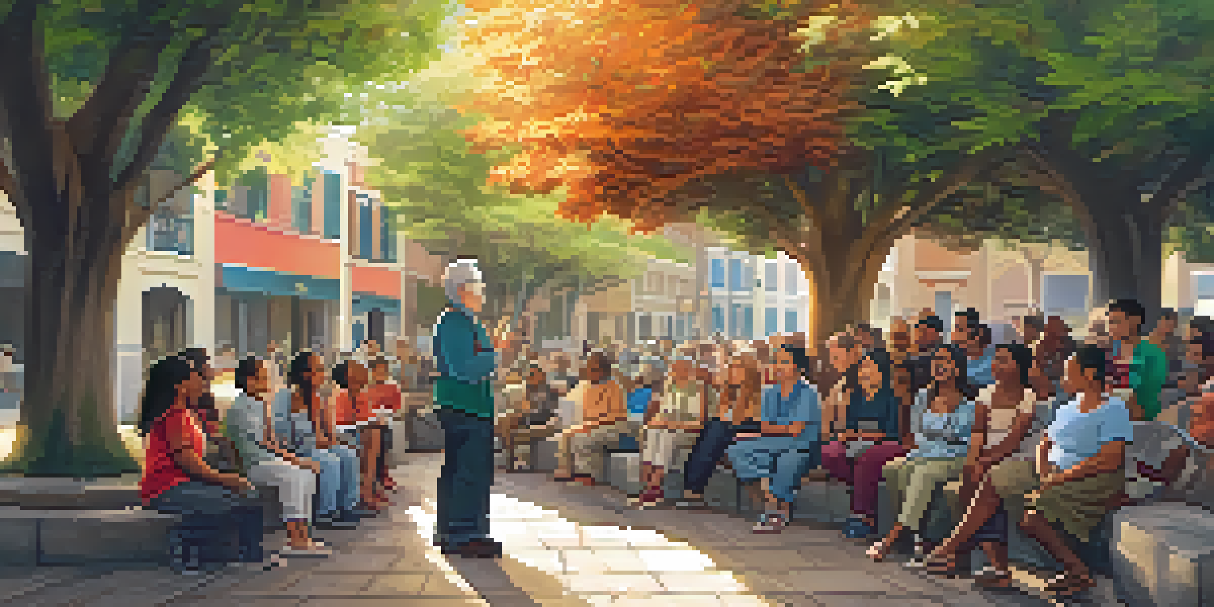 A diverse group of people gathered around an elderly storyteller in a historic neighborhood, listening intently under a large tree, with colorful buildings and street art in the background.