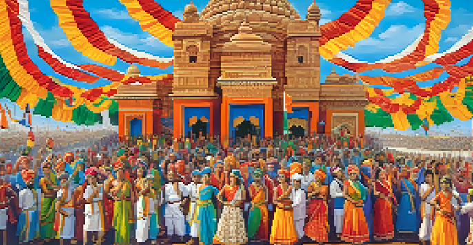 A lively cultural festival in India with diverse artists performing on stage, colorful decorations, and an engaged audience.
