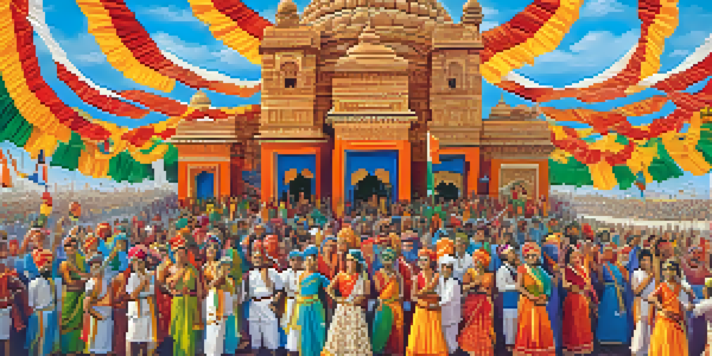 A lively cultural festival in India with diverse artists performing on stage, colorful decorations, and an engaged audience.