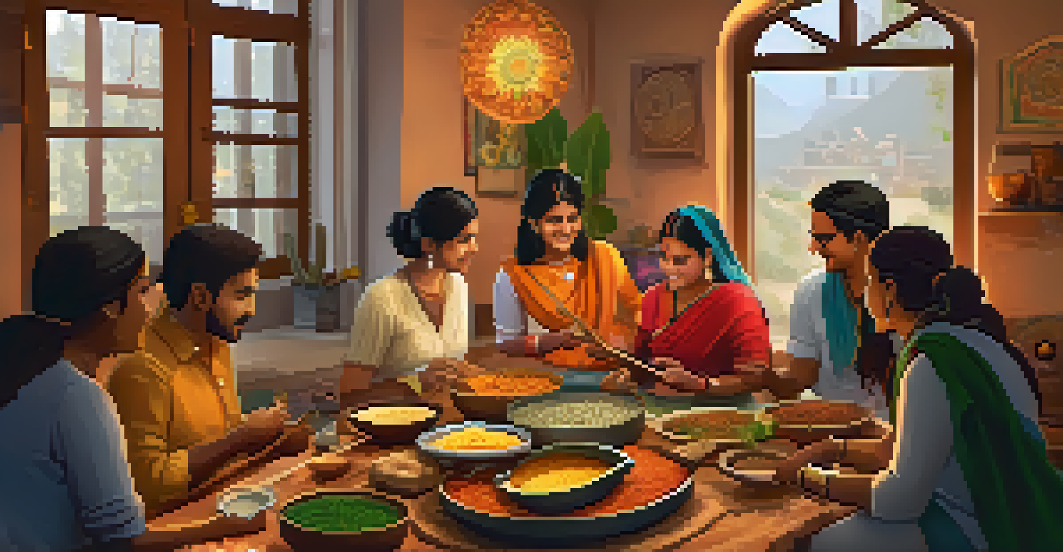 A virtual cooking workshop featuring diverse participants learning about traditional Indian cuisine in a cozy kitchen.