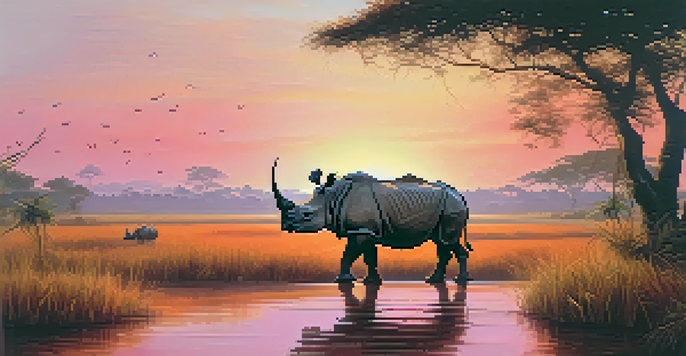 A one-horned rhinoceros grazing in Kaziranga National Park during sunset, surrounded by tall grass and trees, with a colorful sky.