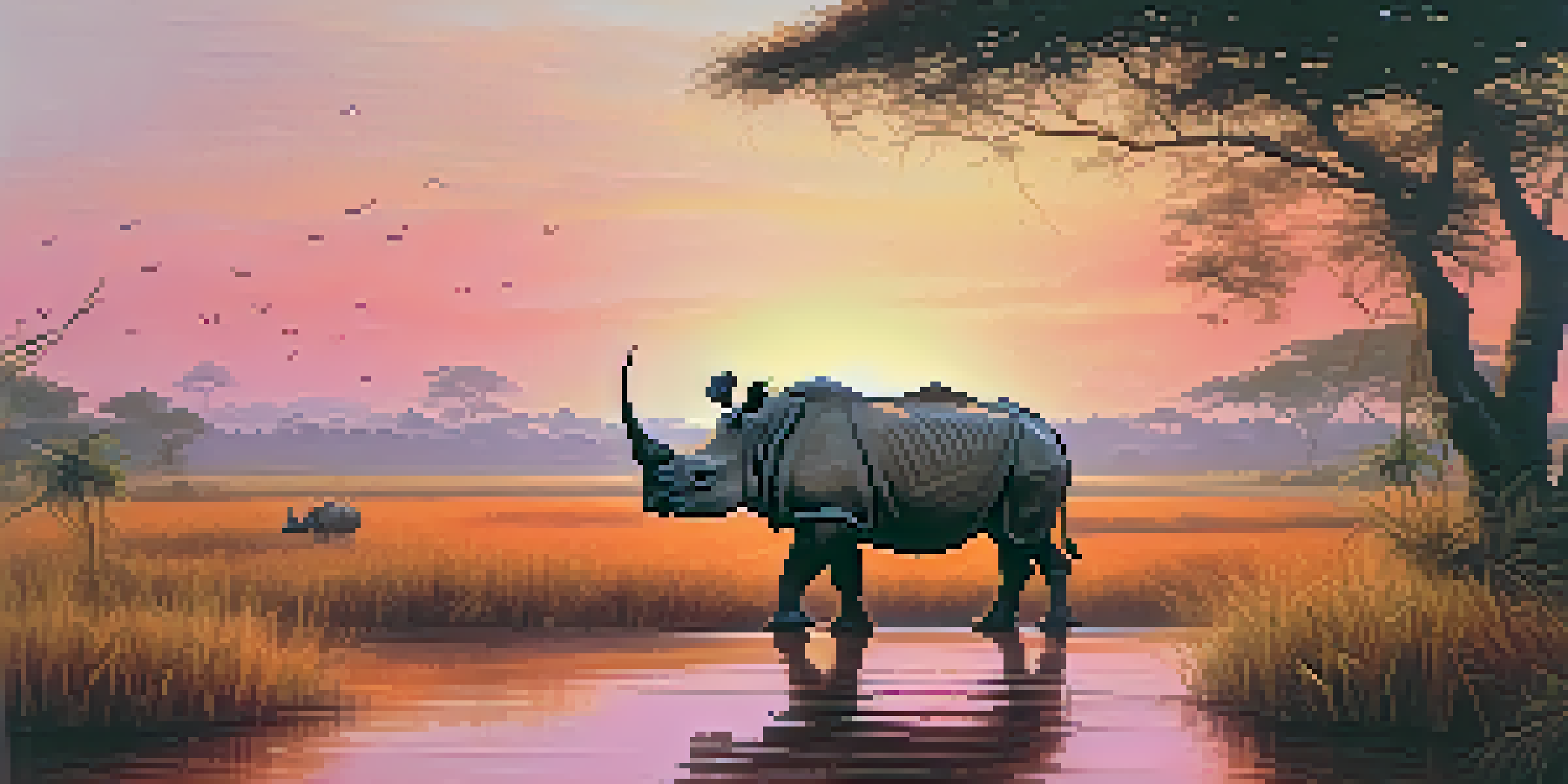 A one-horned rhinoceros grazing in Kaziranga National Park during sunset, surrounded by tall grass and trees, with a colorful sky.