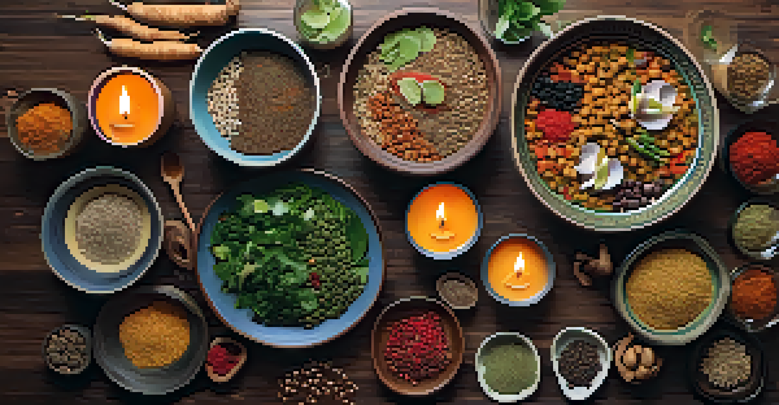 An inviting Ayurvedic meal displayed on a wooden table with colorful dishes, fresh vegetables, spices, and herbal teas in warm lighting.
