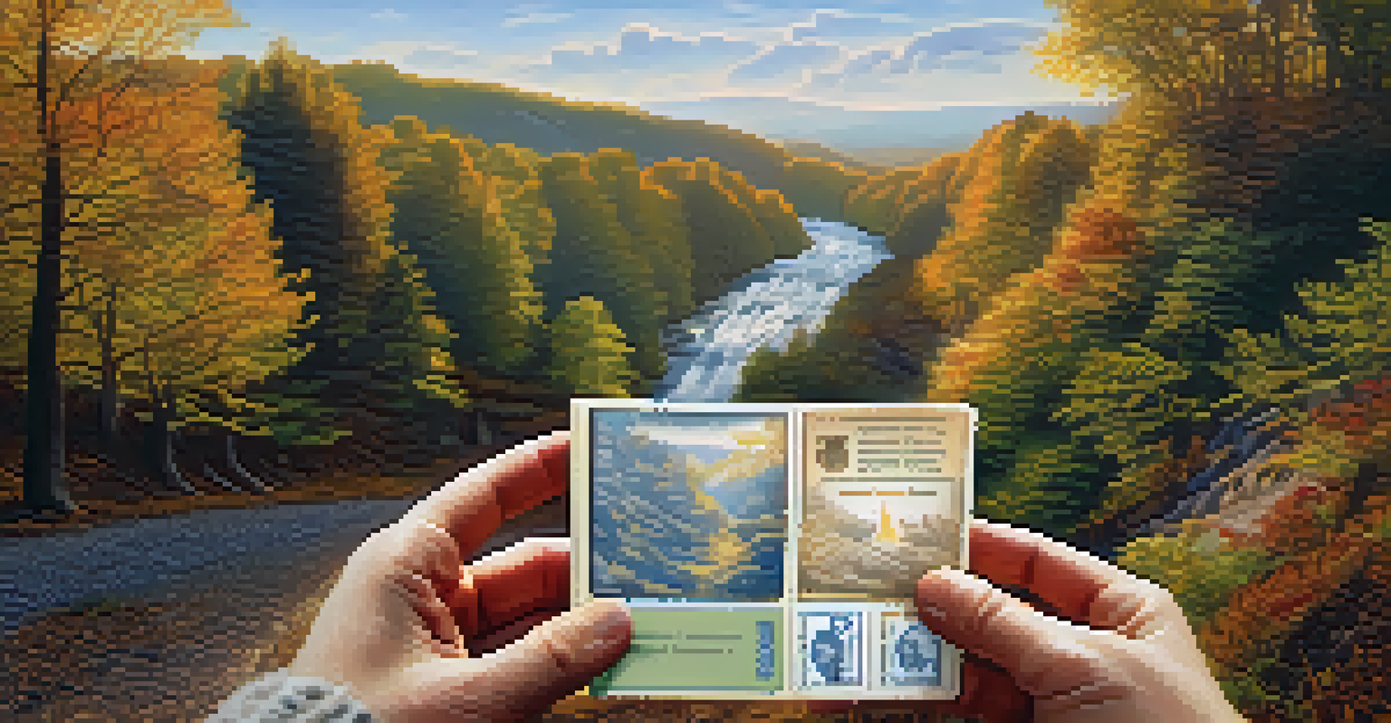 A close-up of a pilgrim's hand holding a credential passport with colorful stamps, set against a blurred scenic trail.