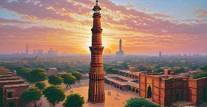A serene view of the Qutub Minar surrounded by modern skyscrapers, highlighting the contrast between ancient and modern architecture at sunset.