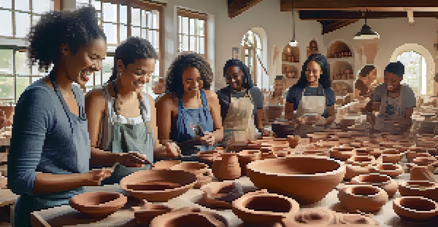 A diverse group of people enjoying a pottery workshop, molding clay and sharing experiences in a colorful and lively atmosphere.