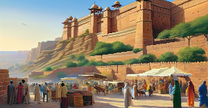 A wide view of Mehrangarh Fort, showcasing its golden sandstone walls and clear blue sky, with lively local markets in the foreground.