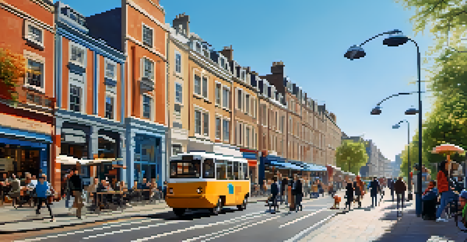 A person on a mobility scooter navigating a vibrant city street, surrounded by shops and cafes, with accessible transport options visible.