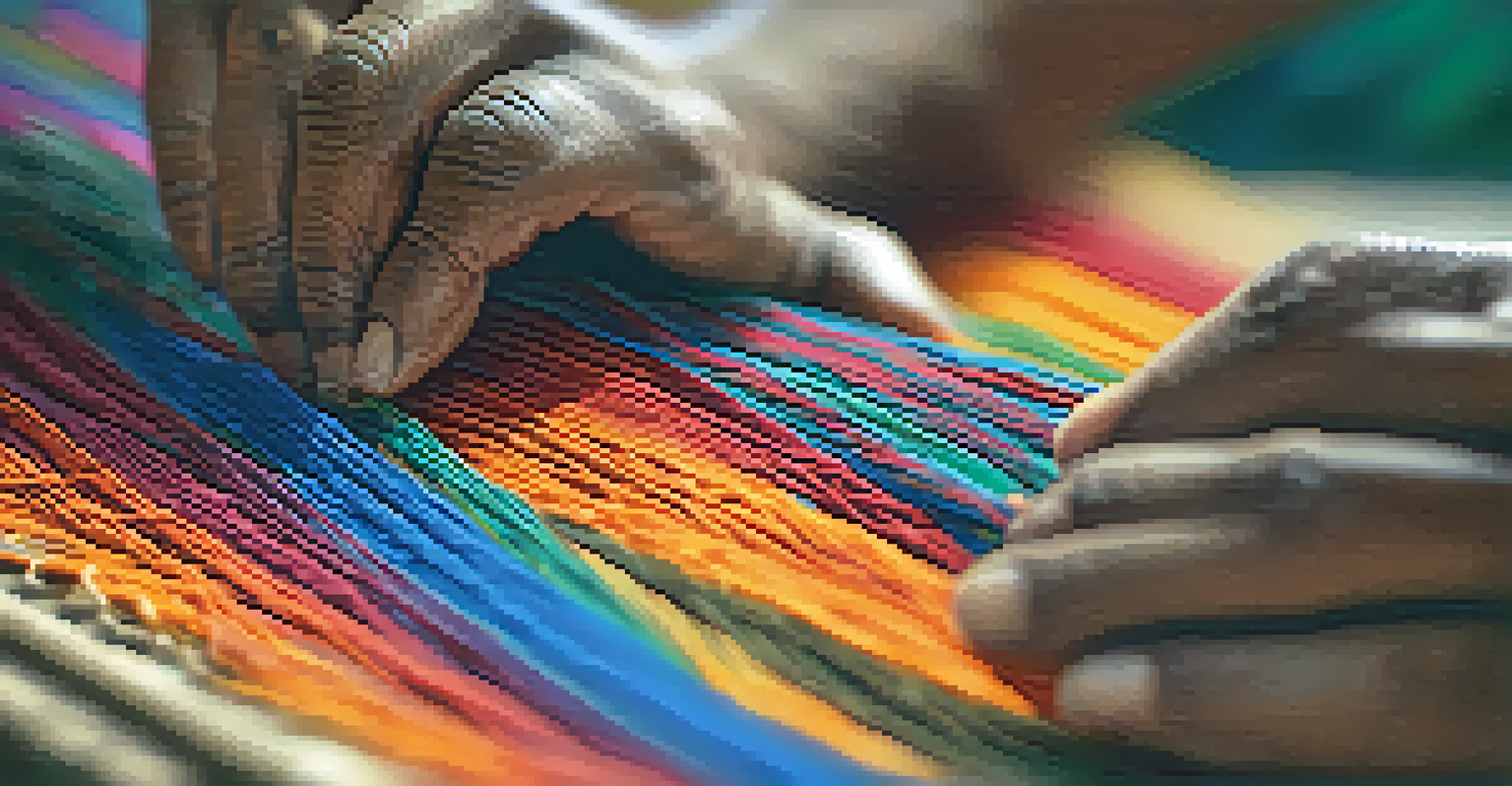 An artisan's hands weaving intricate patterns on a vibrant textile.
