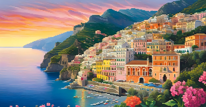 A picturesque sunset view of the Amalfi Coast with colorful houses and calm sea.
