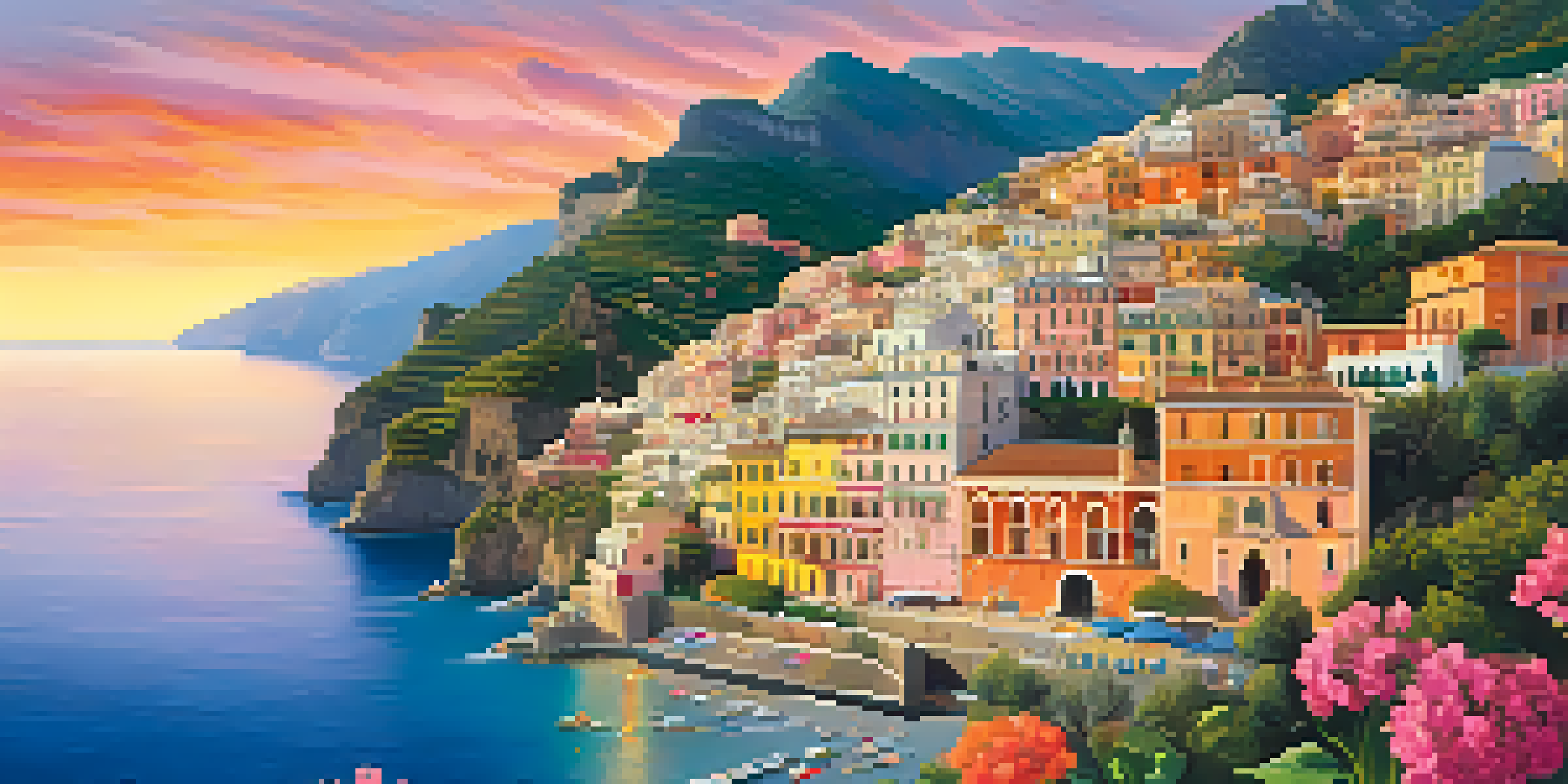 A picturesque sunset view of the Amalfi Coast with colorful houses and calm sea.