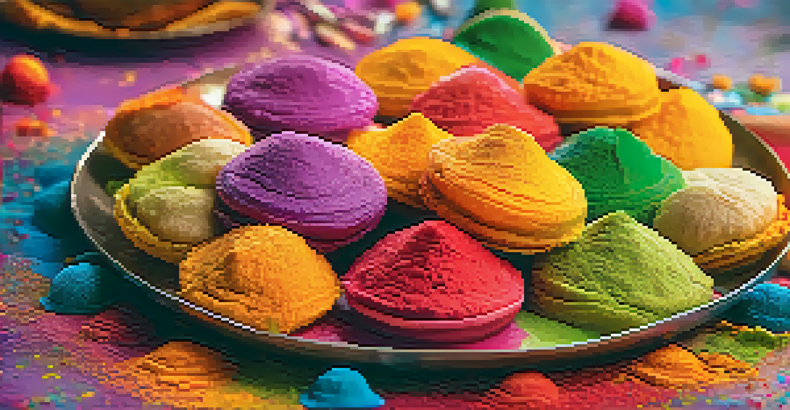 A close-up of traditional Holi sweets like gujiya and mathri arranged on a colorful table with vibrant decorations.