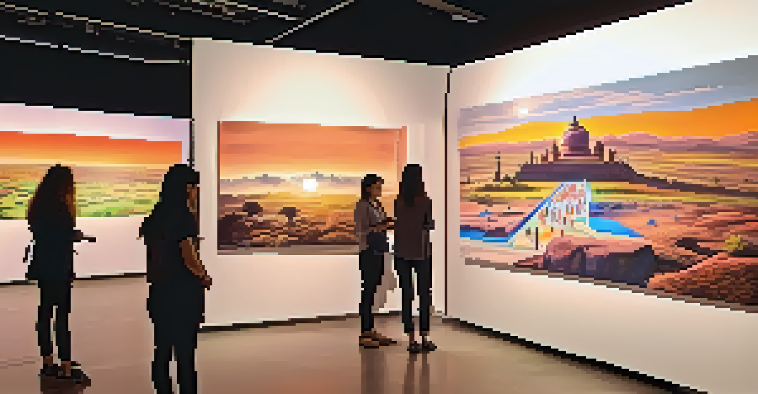 A modern art gallery with digital projections and visitors using tablets, creating an immersive experience.