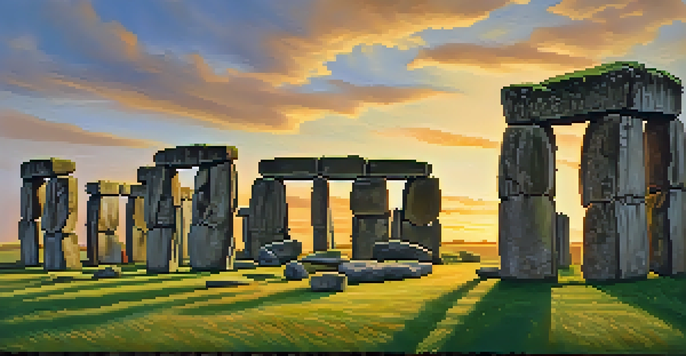 A serene sunset at Stonehenge with a person meditating on green grass surrounded by ancient stones and hills.