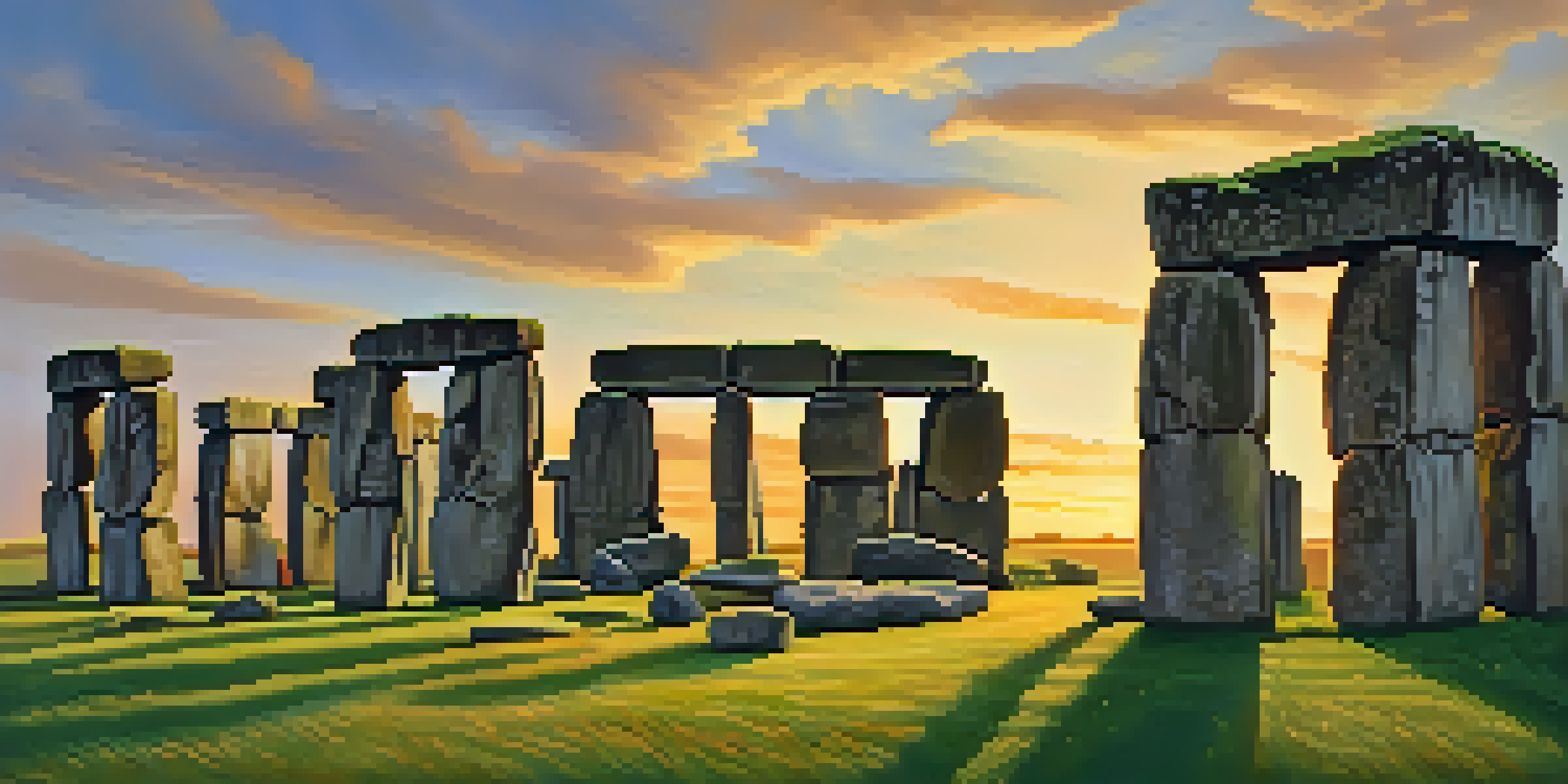 A serene sunset at Stonehenge with a person meditating on green grass surrounded by ancient stones and hills.
