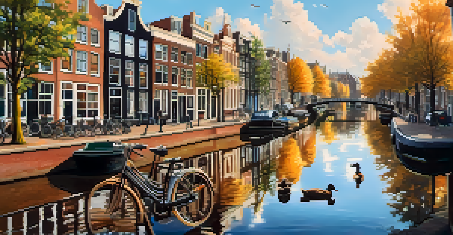 A scenic canal in Amsterdam with brick buildings, parked bicycles, and ducks swimming, all under a blue sky with clouds during golden hour.