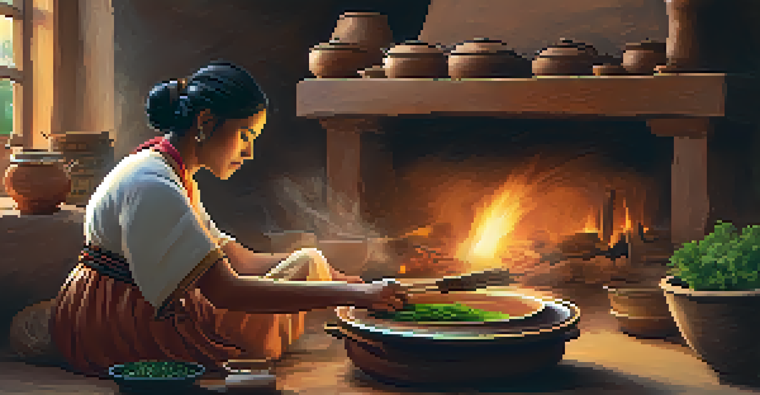 A woman cooking in a clay pot over an open flame in a traditional kitchen, surrounded by fresh herbs and ingredients.