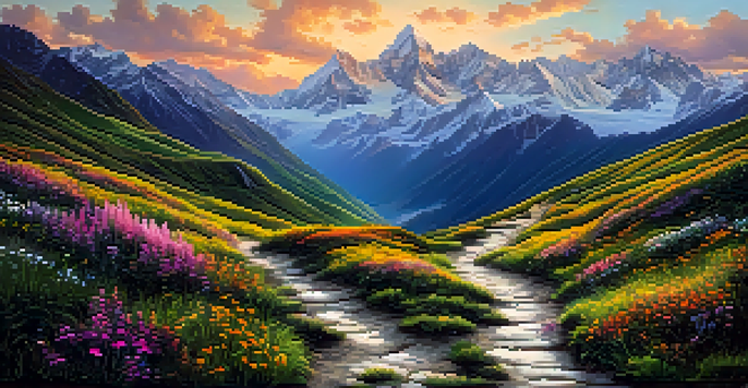 A beautiful sunrise over the Himalayas, highlighting snow-capped mountains and a trekking path with wildflowers.