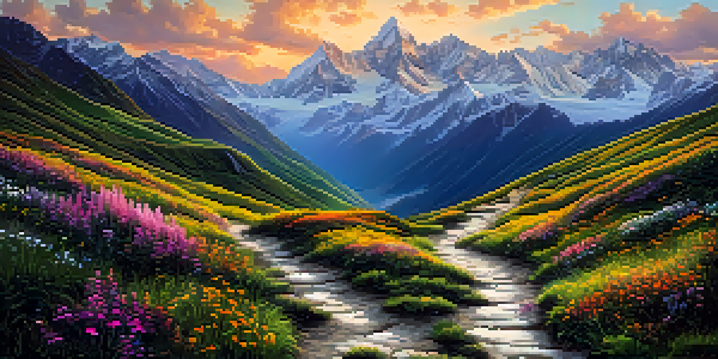 A beautiful sunrise over the Himalayas, highlighting snow-capped mountains and a trekking path with wildflowers.
